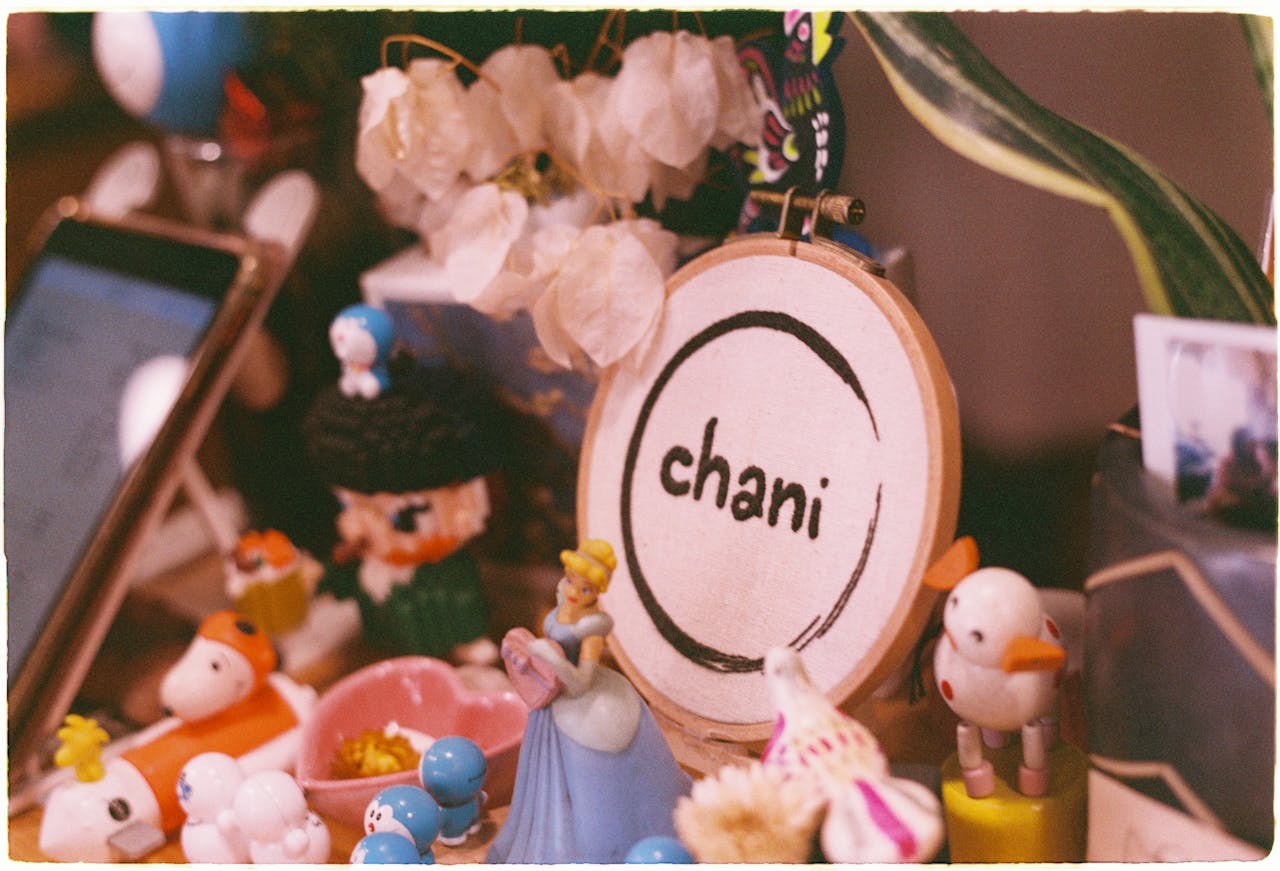 A charming assembly of toys and decor featuring embroidery art with name chani. Perfect for whimsical interior design inspiration.